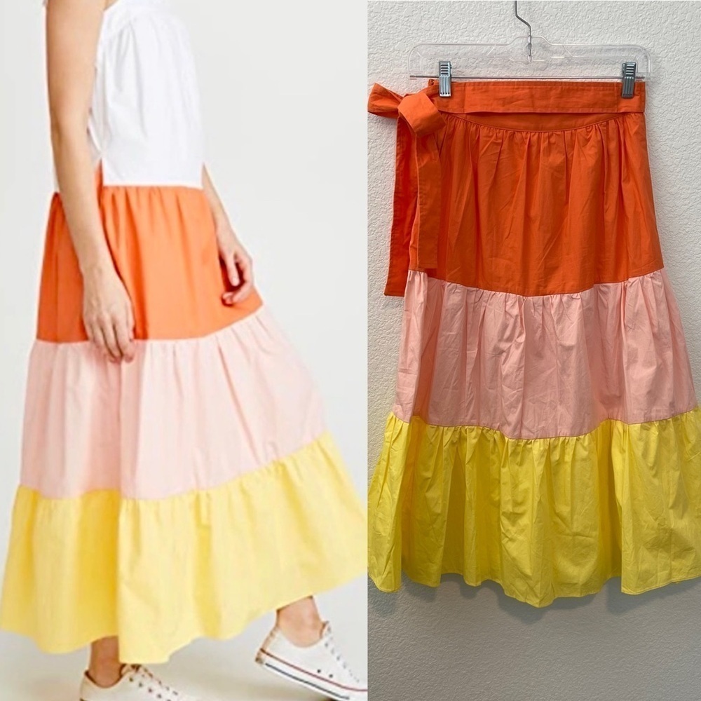 English Factory Midi Tiered Color Block Orange Peach Yellow Skirt with Belt- XS - Picture 2 of 12